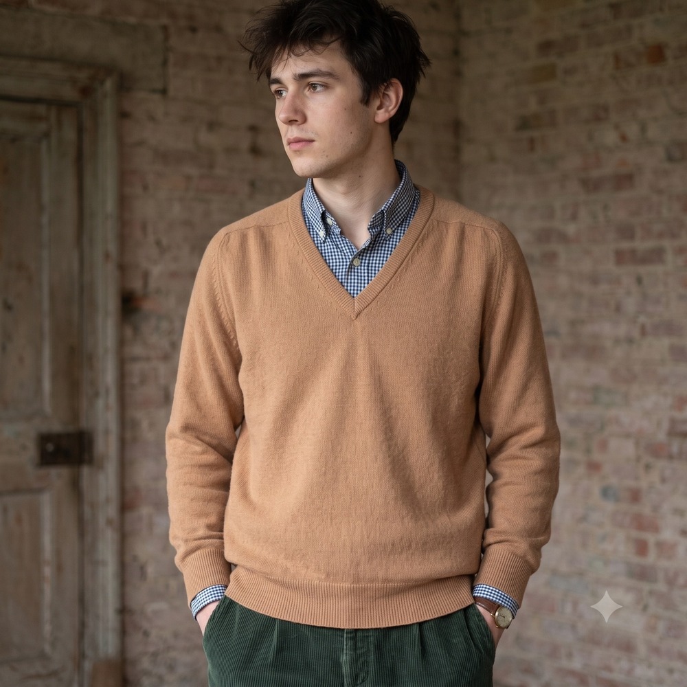 Vintage 80s Pringle Mens Sweater 42 Camel Tan V-Neck Wool Pullover Preppy